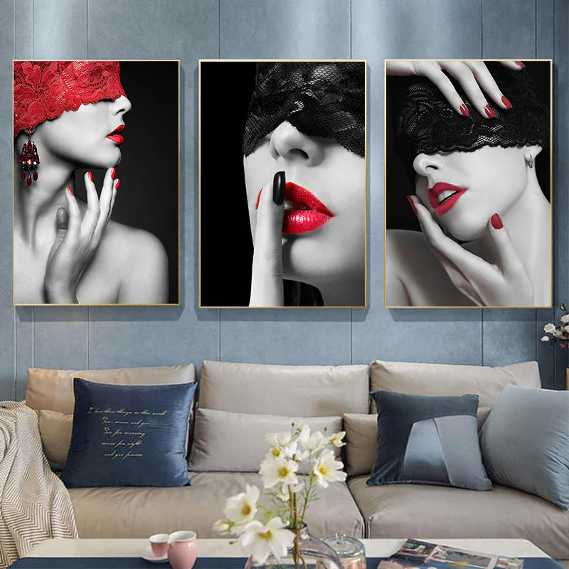 

Sexy Women'S Red Lip Hanging Picture Canvas Painting Blinded Women'S Mural Drawing High Definition Spray Poster Restaurant Hotel