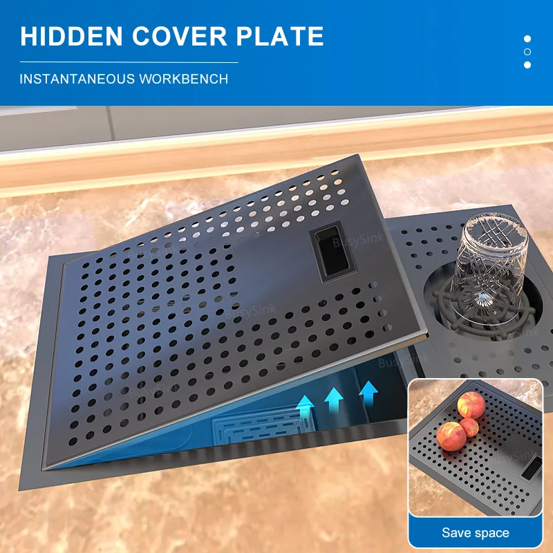 Kitchen Sink Stainless Steel hidden Cup Washer Bar Tank Mini Small Single Slot  With Cover Plate Multifunctional Wash Basin