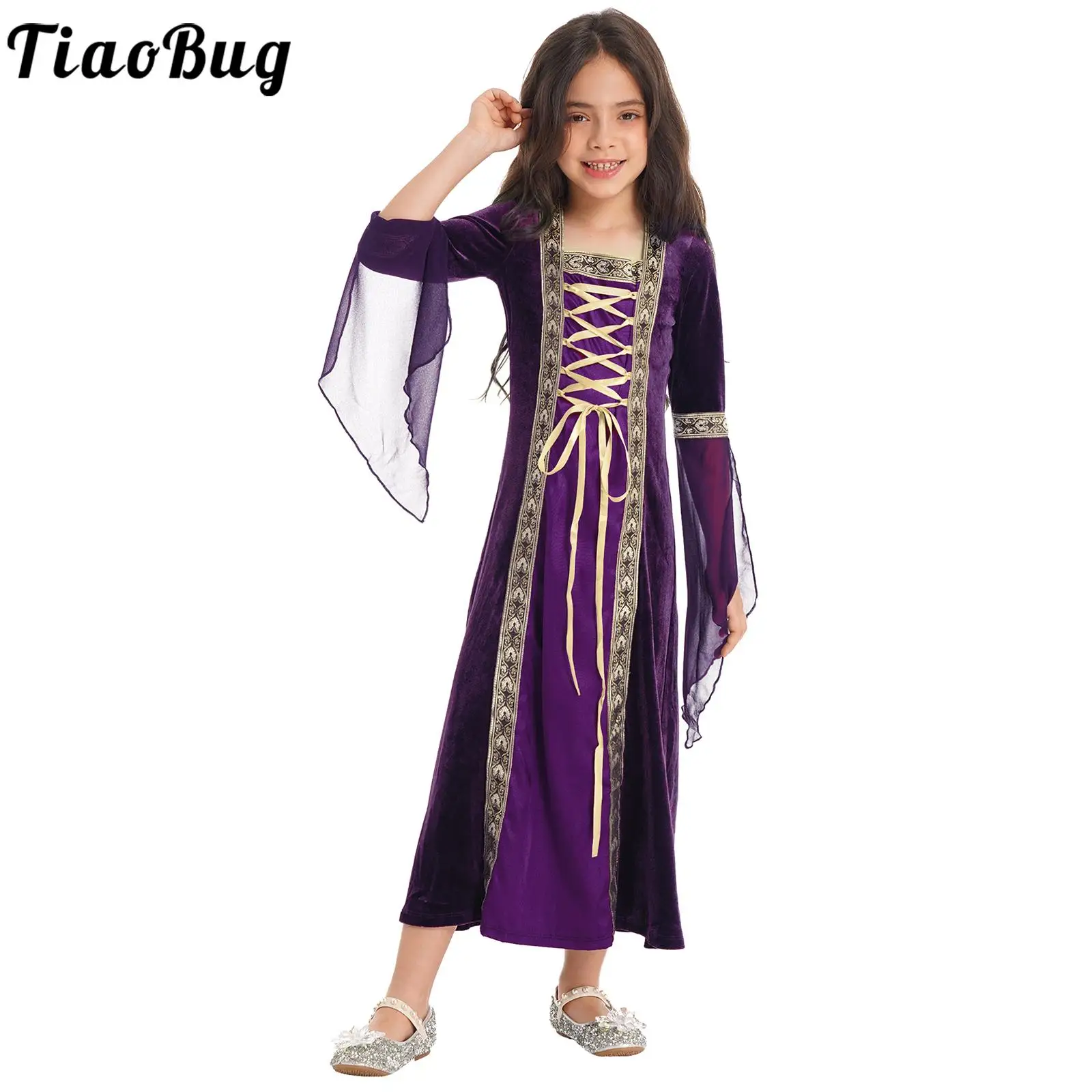 

Kids Girls Medieval Renaissance Dress Long Sleeve Vintage Royal Court Pattern Embroidered Long Dresses Halloween Party Costumes