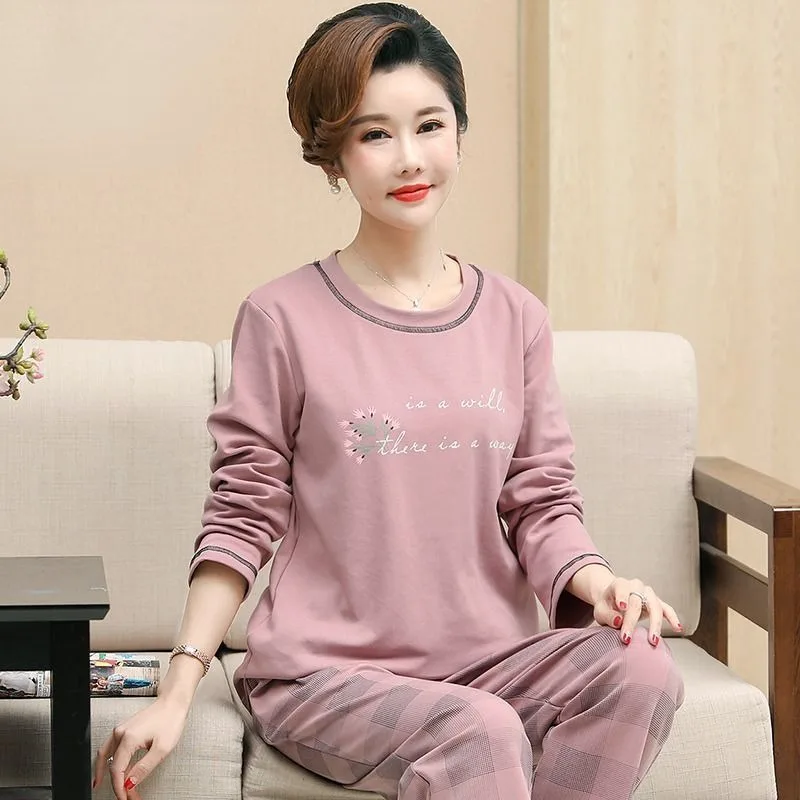 

2023 New Middle Aged Women's Pure Cotton Pajamas Long Sleeved Loungewear Spring Autumn Thin Pullover Large Size Homewear Set