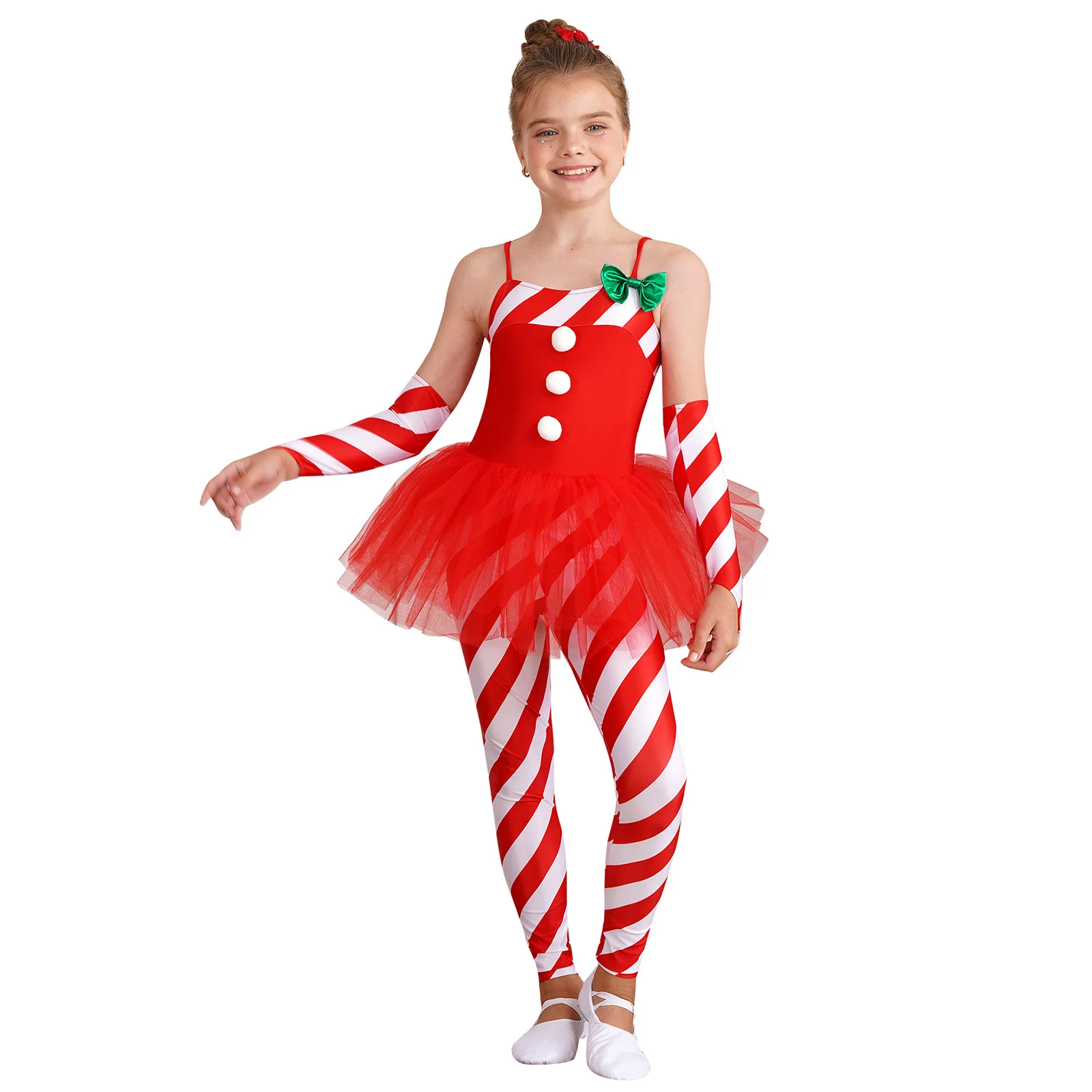 

Kids Girls Santa Claus Candy Cane Costume Christmas Party Dancewear Sleeveless Stripes Tulle Peplum Long Jumpsuit+Arm Sleeves