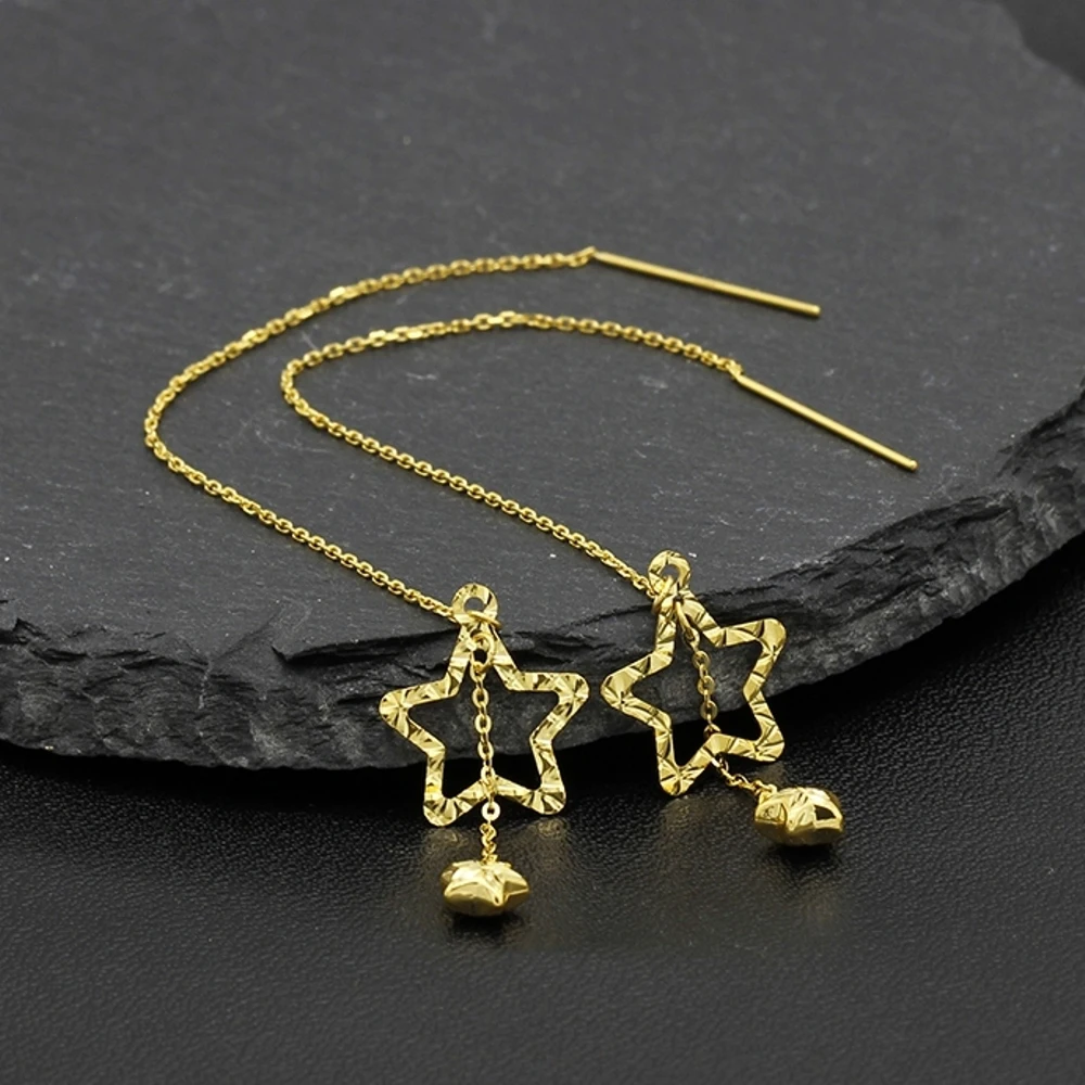 

Real Pure 18K Yellow Gold Dangle Women Lucky Double Star O Link Chain Earrings 1.35g
