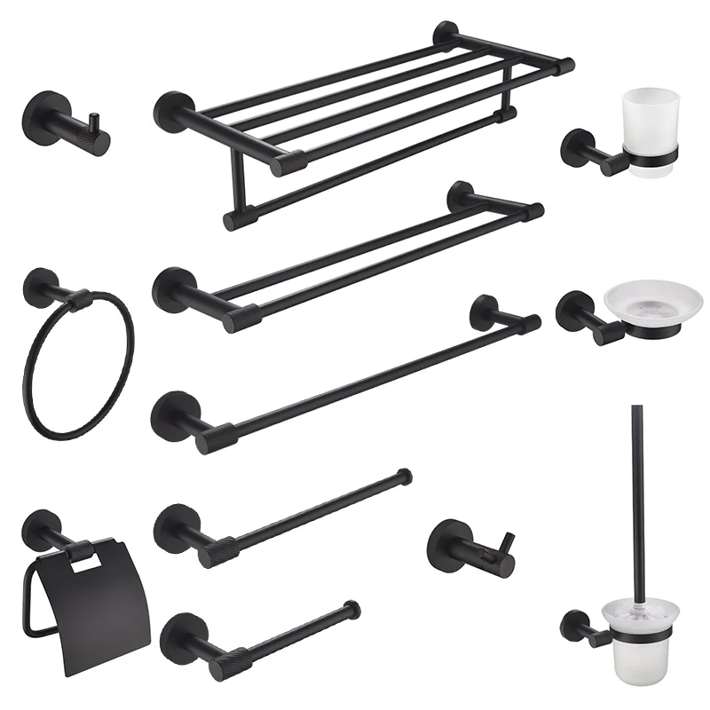 Matte Black Bathroom Accessories Knurled Towel Bar Bath Robe Hook Bathroom Hardware Set Shelf for Towels Paper Tissue Hol