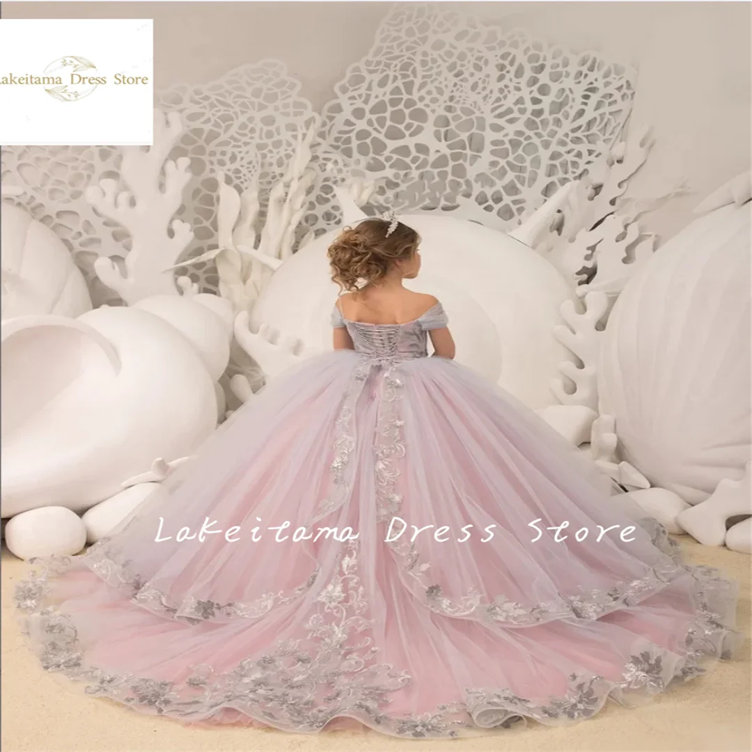 

Appliques Princess Flower Girl Dresses Tulle Long Child Pageant Wedding Party Birthday Dress Off Shoulder Prom Ball Gown