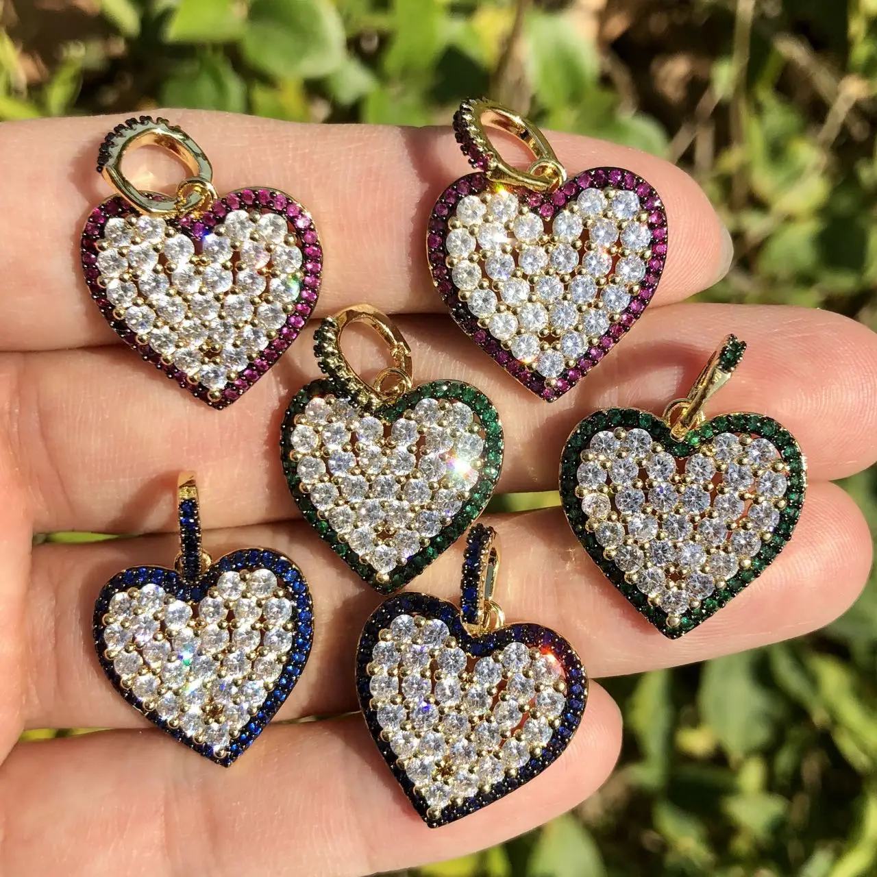 5Pcs Heart Charms Gold Plated Cubic Zirconia Paved Pendant 24x24.5mm For  Woman Bracelet Necklace Handcraft Jewelry Accessories