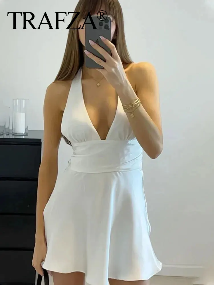 HH Summer Women Halter Dress Elegant Pink V Neck Sexy Backless Mini Dresses Female Fashion Back Bow A-Line Dress Vestidos