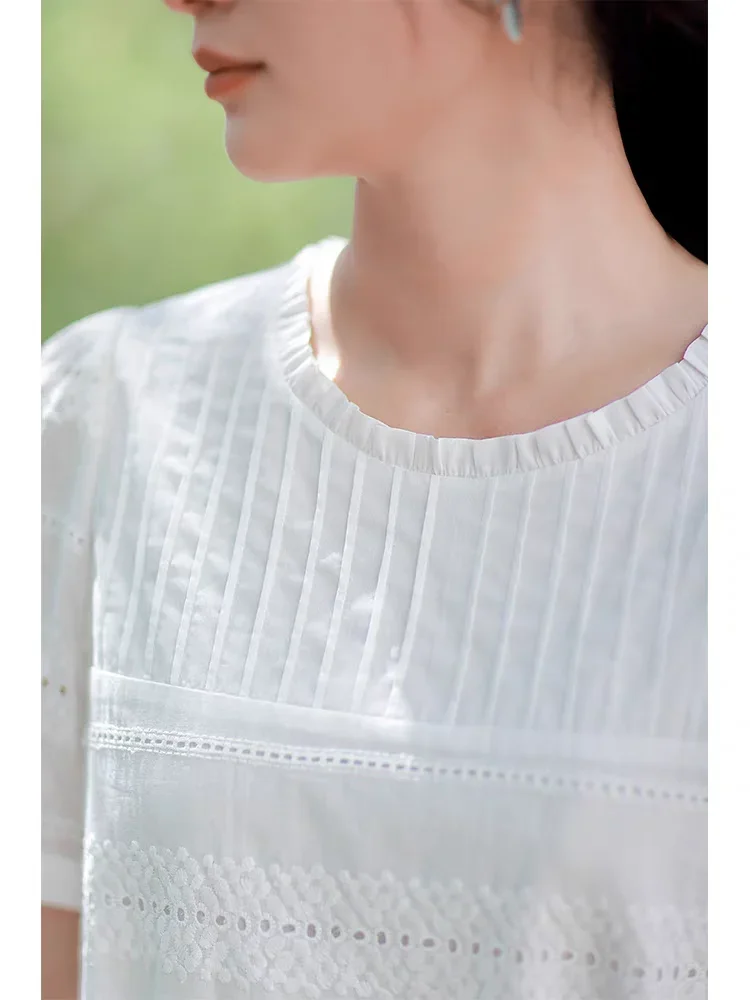 White Cotton Summer Dress Women Elegant Hollow Out Embroidery O-neck Short Sleeve Slim Waist Casual Dresses Vestidos Robe Femme 5
