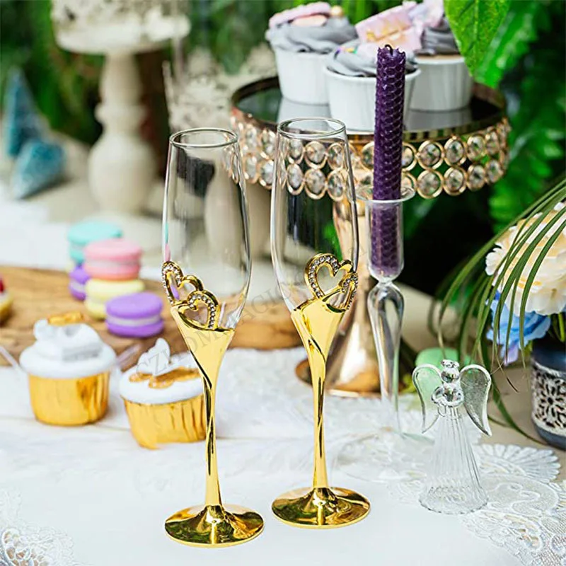 2pcs 200ml Wedding Champagne Glass Set Hearts Gold Toasting Flute Wine Glass  Goblet Party Lover Anniversary