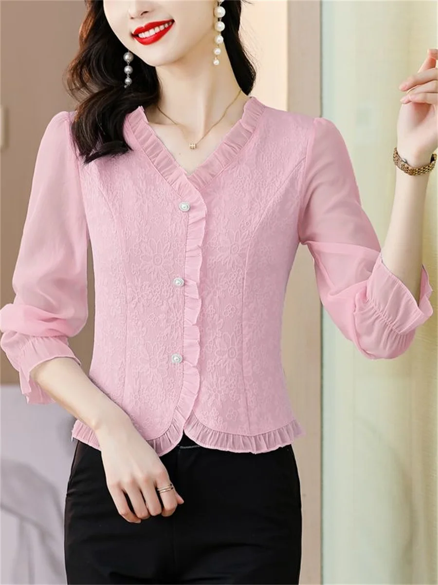 Woman Spring Autumn Style Blouses Shirts Lady Casual Long Sleeve V-Neck Solid Color Blusas Tops DF4615