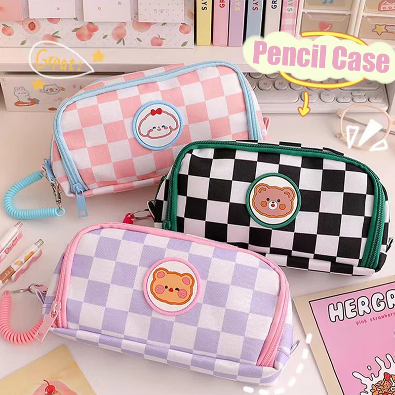 

Checkerboard Grid Kawaii Pencil Case Portable Large Capacity Pen Pouch Cute Cosmetic Bag Girl Student School Stationery Supplies