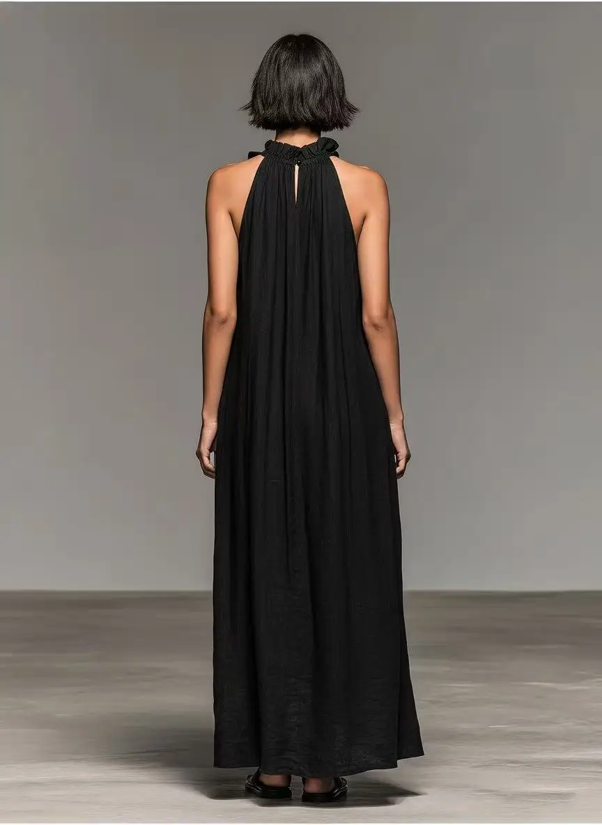 Elegante Abito Lungo con Volant e Collo Halter, Vestito Estivo Senza Maniche, Elegante Abito Lungo Stile Harajuku per Spiaggia, Feste e Serate - immagine 5