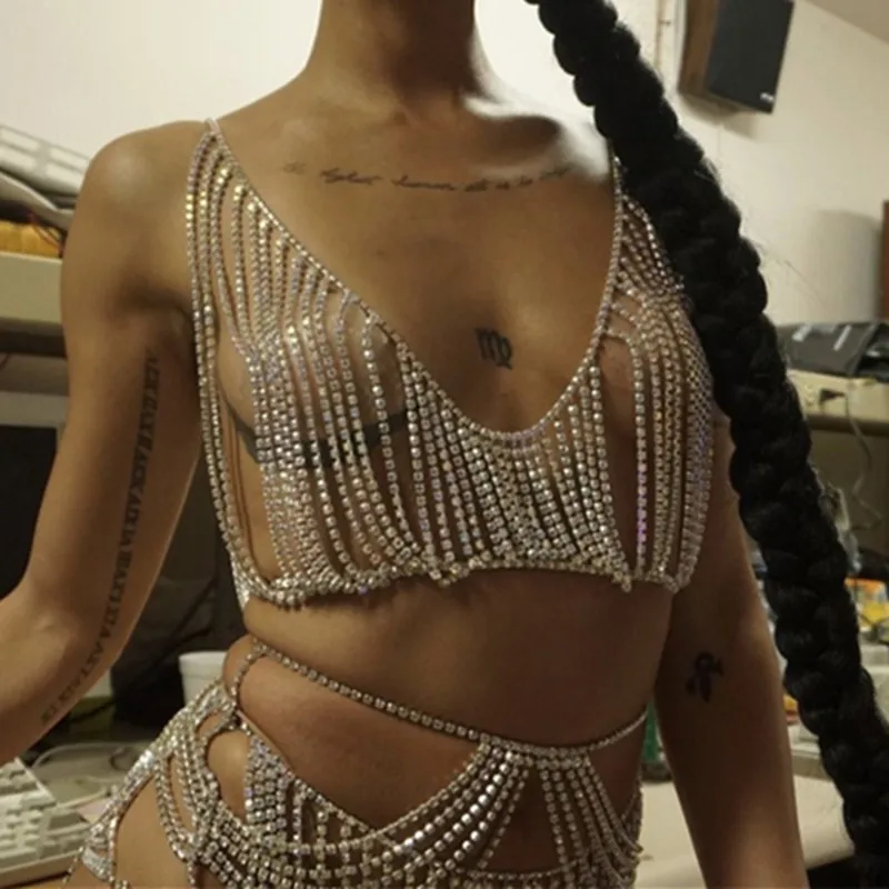 Fashion Shiny Rhinestone Tassel Bra Strap Vest Summer Bikini Women Sexy Body Crystal Underwear Nightclub Jewelry Accessories