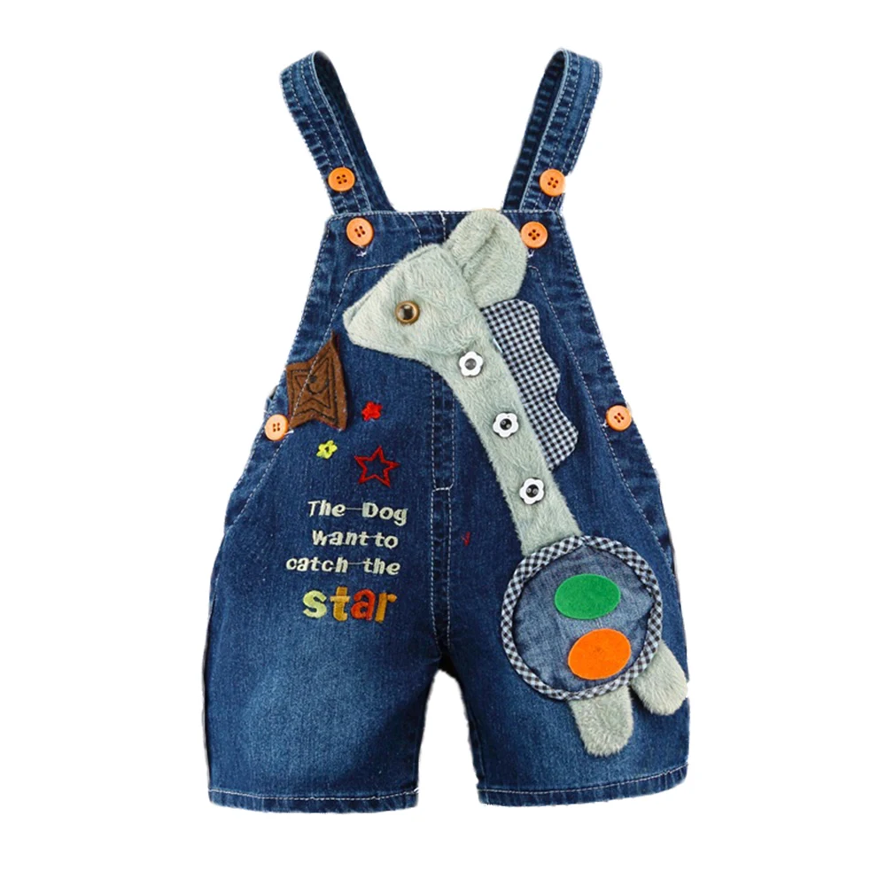 Kidscool Baby Summer Cotton Denim 3D Long Neck Dog Short Overalls