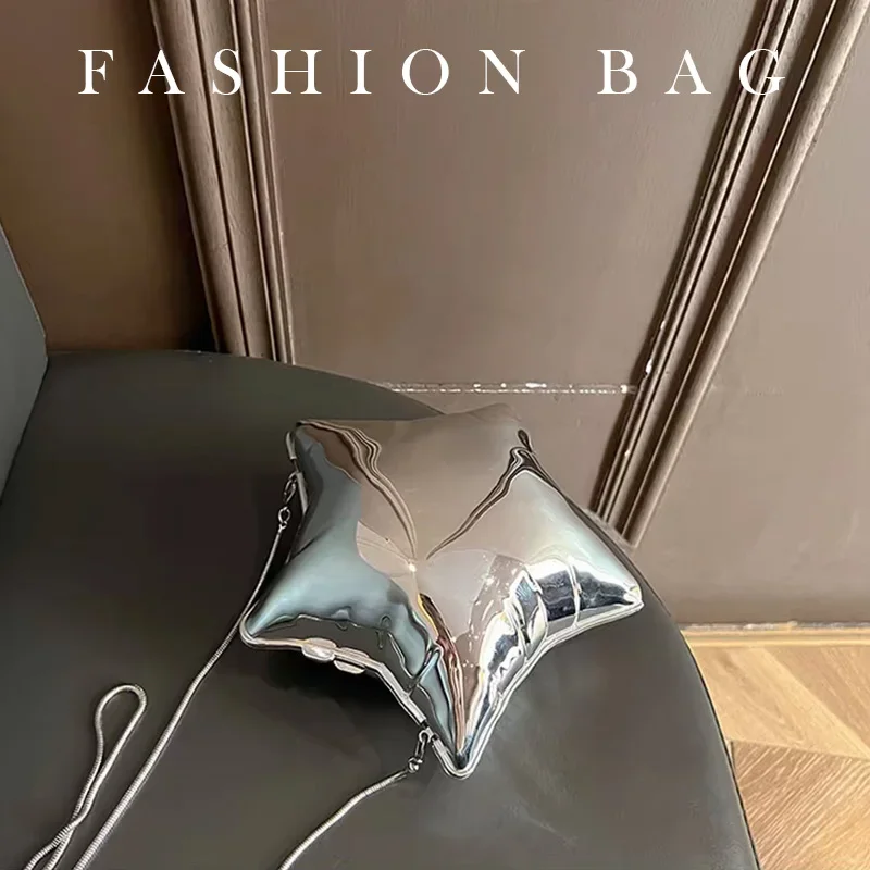 2024 New Nice design Silver And Gold Chain For Women Evening Bags Bright Face Five Pointed Star Shoulder Bag Funny Party Ladies
