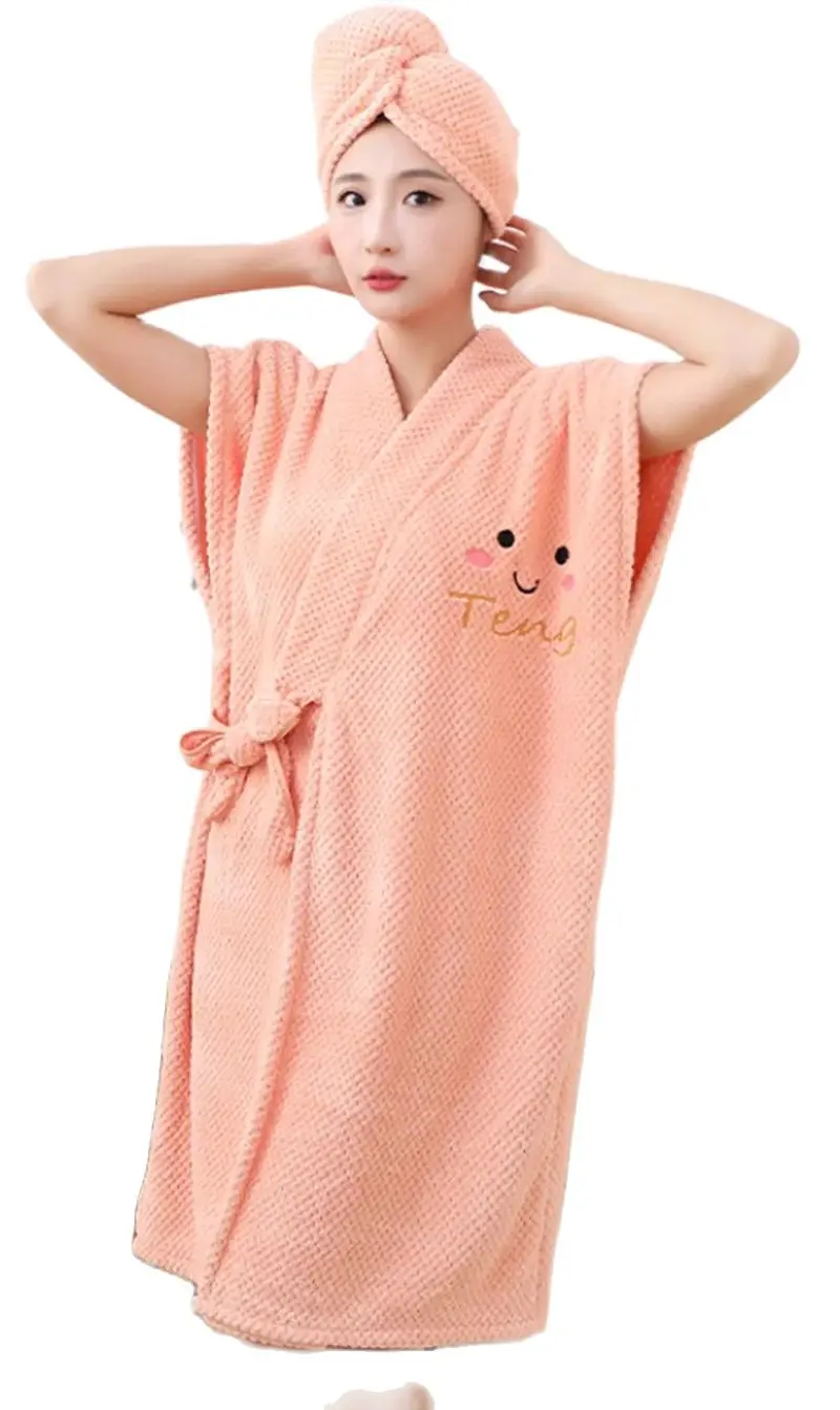 Long Comfortable Quick-Dry Cute Bathrobe Towel Dry Hair Cap Three-Piece Set With Smile And Letter Pattern Print Pink Purple