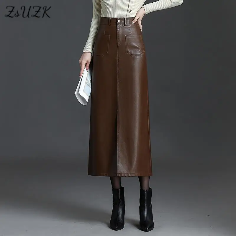 ZUZK Women Long PU Leather Bodycon Skirts New Fall Winter Front Slit High Waist Straight Fashion Skirt Pocket Warm Pu Skirt
