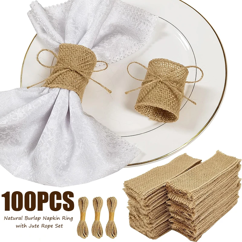 100pcs Natural Burlap Napkin Ring with Jute Rope Set Disposable Napkin Band Bulk Table Decor Wedding Dinner Country Party Decor