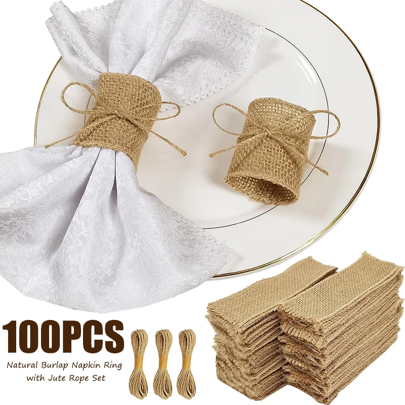 Natural Burlap Napkin Ring with Jute Rope Set Disposable Napkin Band 100pcs Bulk Table Decor Wedding Dinner Country Party Decor