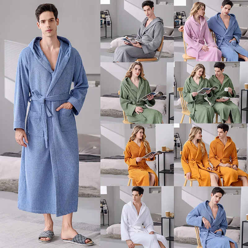 Hooded Bathrobe Men Cotton Hooded Women Sleepwear Nightgown Towel Fleece Thick Long Soft Autumn Winter White Home Hotel robe