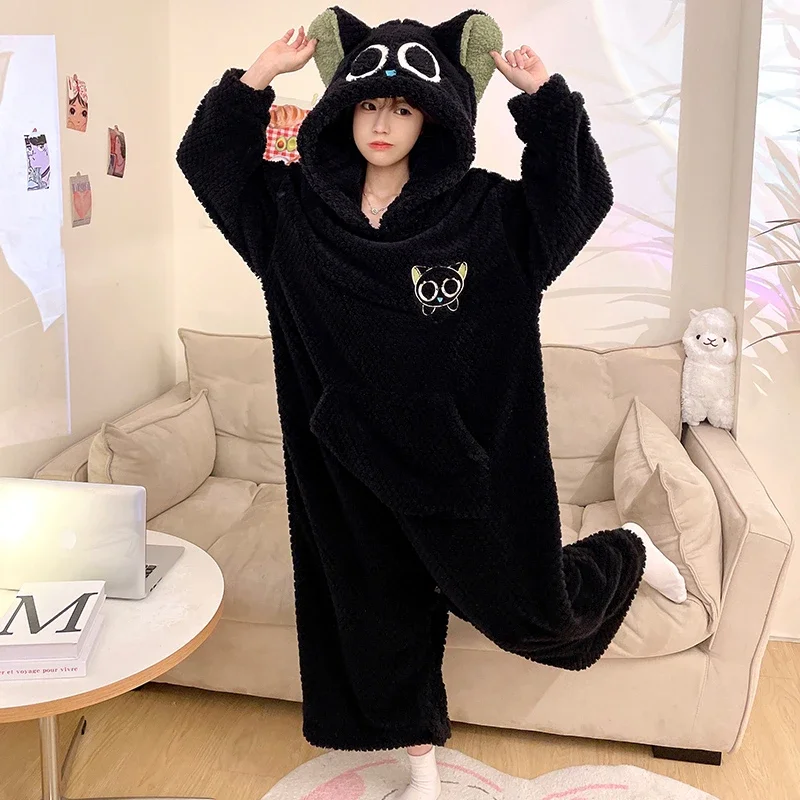 

Winter Pajamas Jumpsuits Women Coral Fleece Sleepwear Onesie Cartoon Korean Warm Thick Pyjamas Hooded Loose Home Clothing