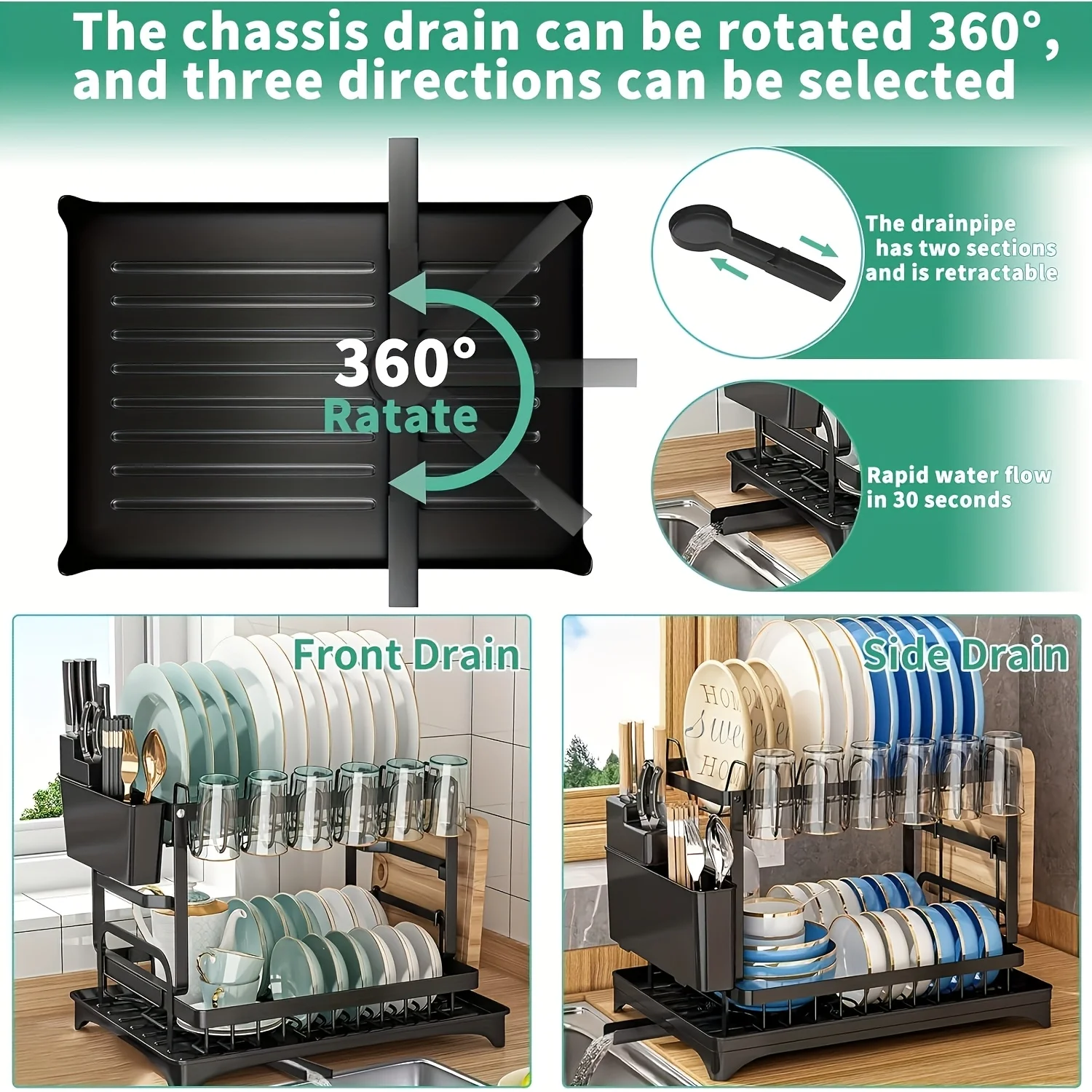 Large-Capacity Double-Layer Kitchen Storage Rack with Drainage, Lockable Metal Tableware Stand for Bowls, Kitchen Organizers