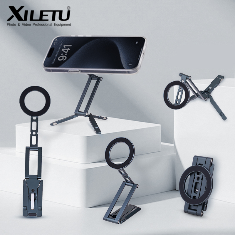XILETU Magsafe Magnetic Phone Tripod Stand with Hook Foldable Desktop Holder for iPhone Smartphones Selfie Video