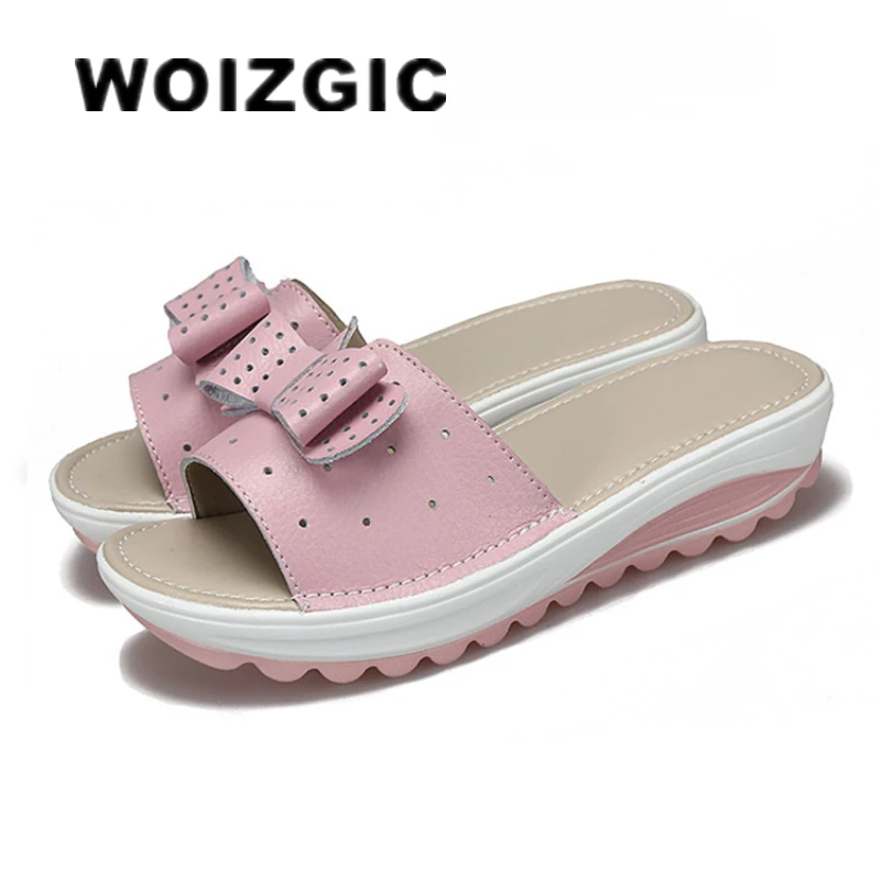 WOIZGIC Women Female Ladies Genuine Leather Shoes Platform Sandals Slipper Outdoor Summer Cool Beach Bow 41 42 BLAC-1792