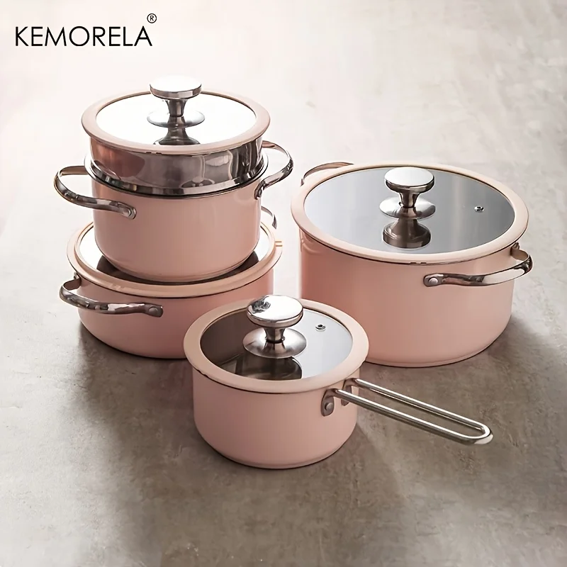 Набір посуду з рожевим антипригарним керамічним покриттям, 9 шт., індукційна безпечна каструля, каструля, сумісна з усіма плитами