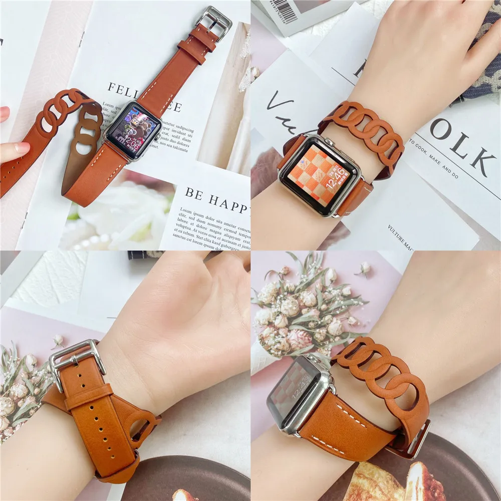 

Gourmette Double Tour For Apple Watch Band 40mm 41mm 38mm 44mm 45mm 42mm 49mm Genuine Leather Strap iWatch Serie 9 8 7 6 Ultra 2