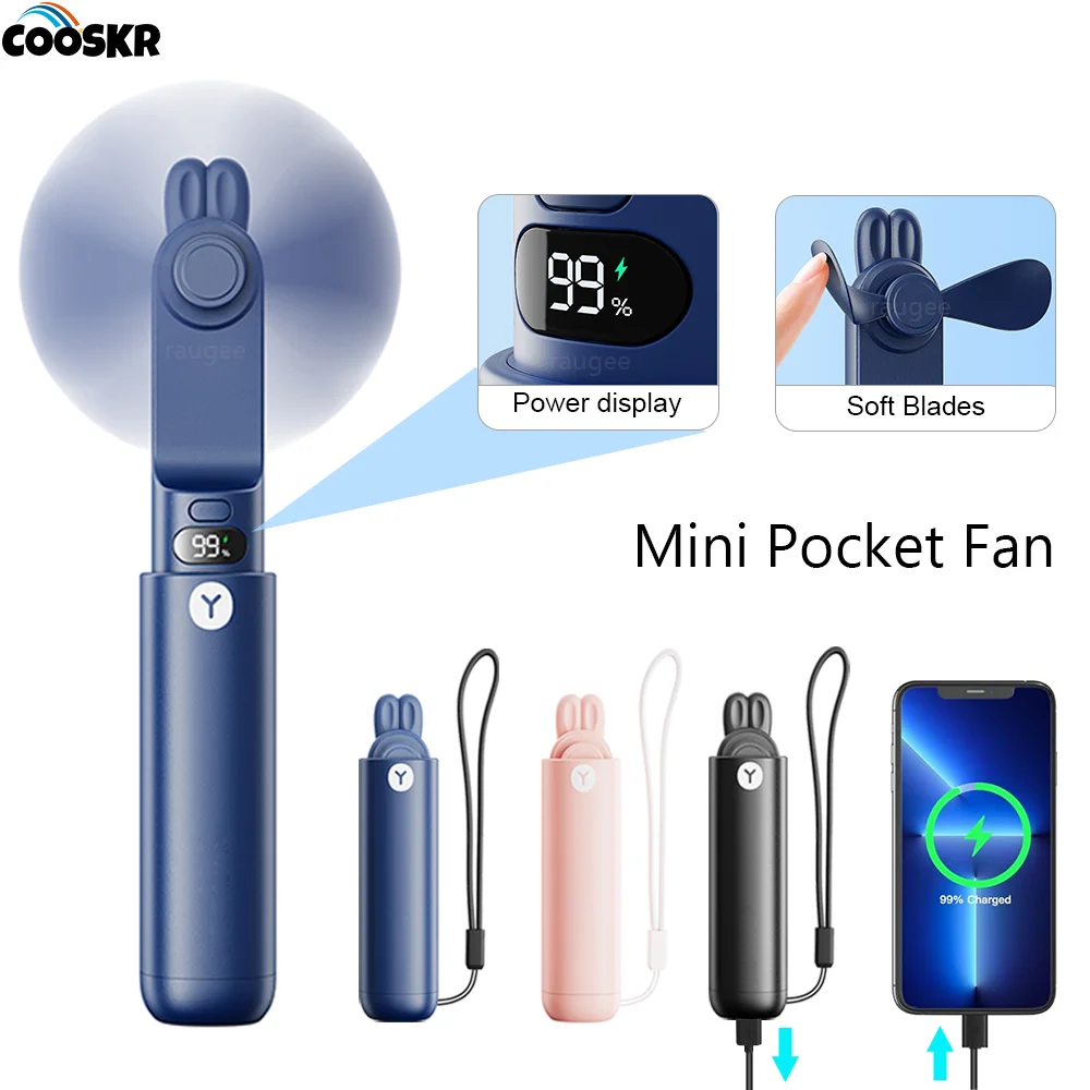 미니 휴대용 선풍기 USB 충전식 휴대용 선풍기, 소형 포켓 선풍기 접이식 휴대용 선풍기, 2000mAh 보조배터리 및 LED 디스플레이