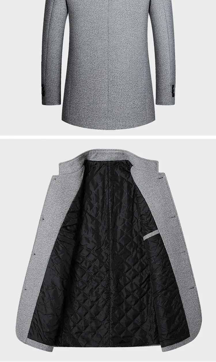 Description Picture 3 of itemMens Woolen Coat 2023 Autumn/Winter New Cotton Thickened Single Breasted Standing Collar Wool Blend Male Jacket