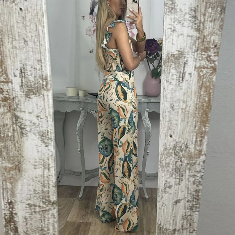 

Женский пляжный костюм из двух предметов, летний костюм с высокой талией и расклешенными брюками, Женский Модный повседневный костюм с принтом, длинные брюки с оборками