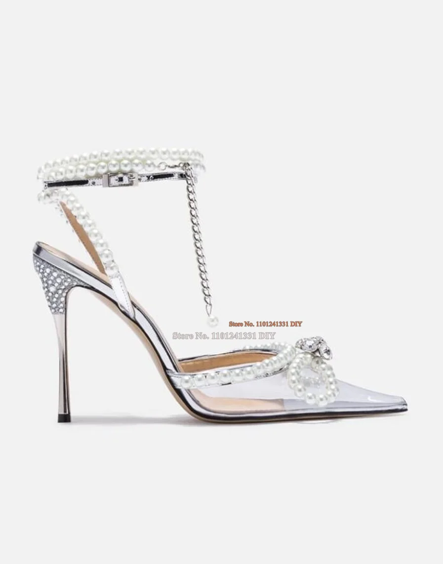 

Pearl Bow Pvc Silver Thin High Heels Pumps Women Pointed Toe Stiletto Heeled Ladies Fashion Wedding Shoes