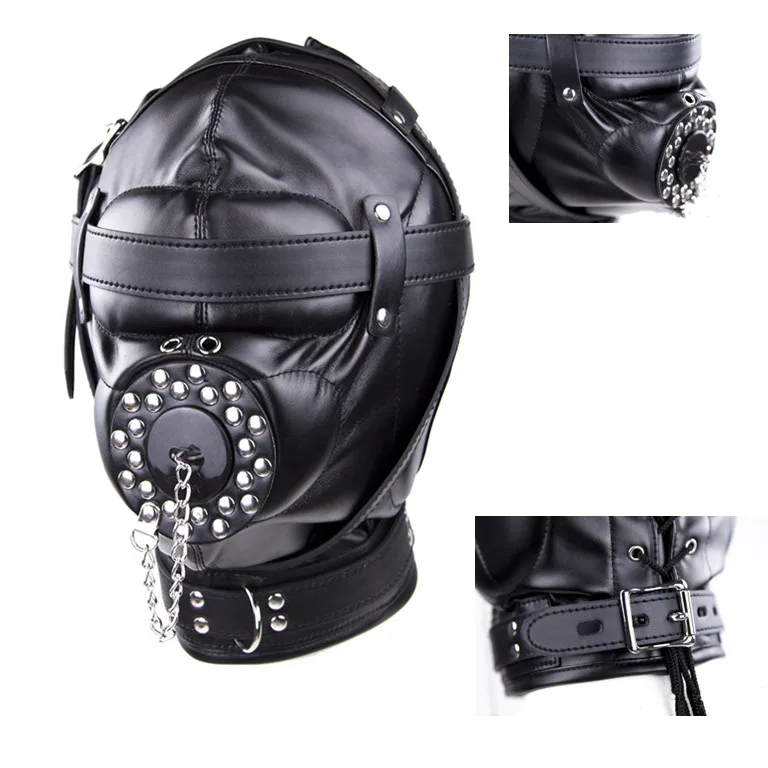 Black Fetish Cosplay Leather Full Face Mask Hood Punk Style Patent