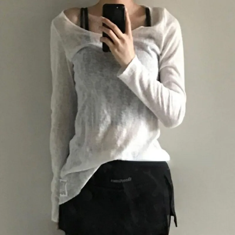 

Y2k Aesthetic Grunge Streetwear Women T-shirts Square Collar Clavicle-exposed Loose Tees Slightly Transparent High Grade Tops