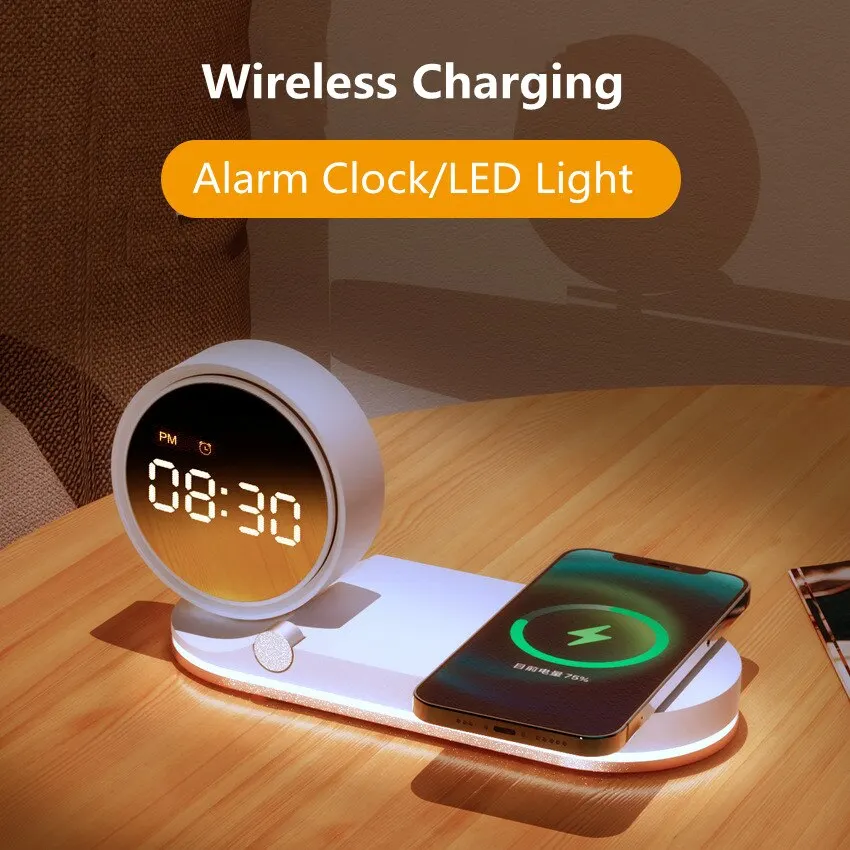 MultifunctionWirelessChargerPadStandAlarmClockLEDDeskLamp