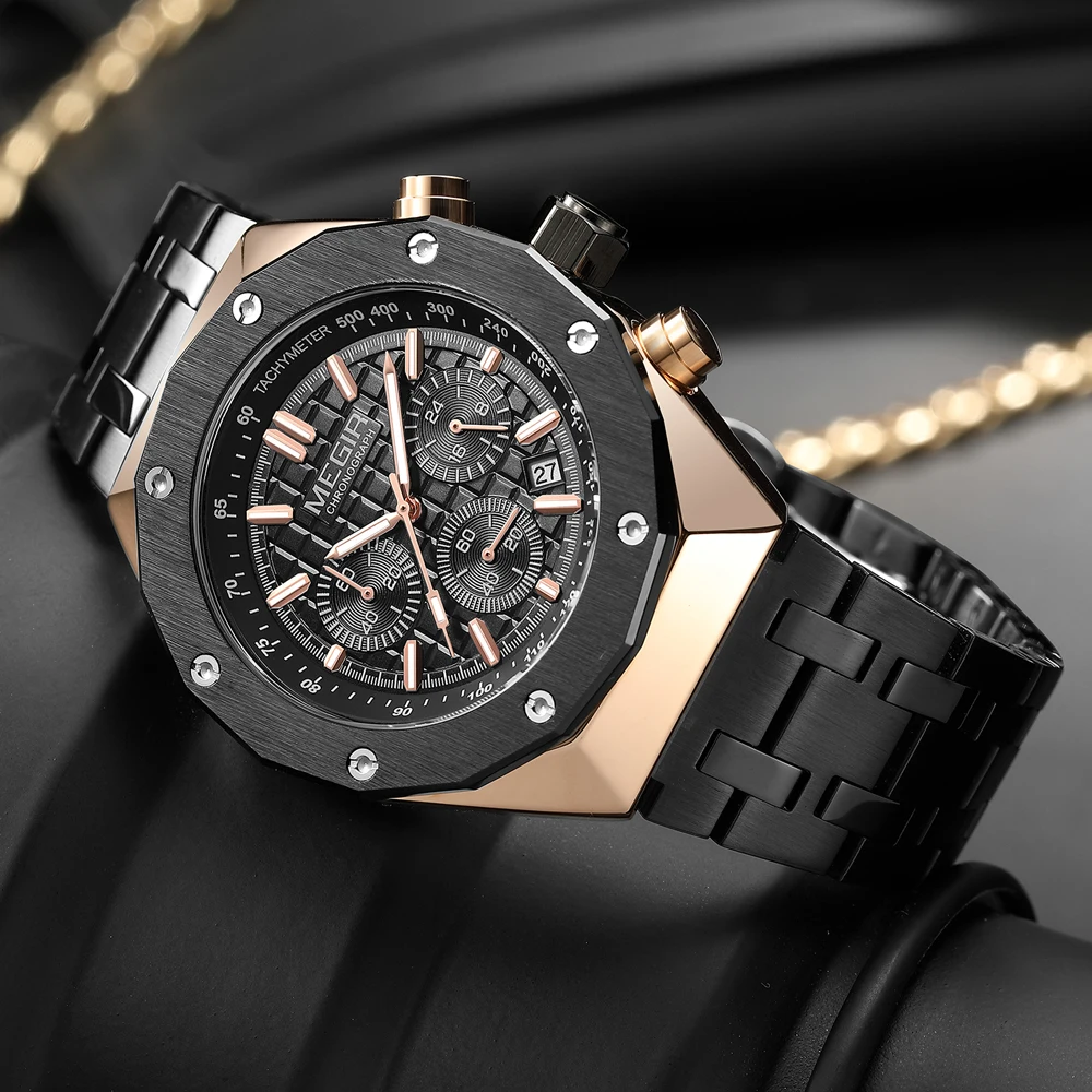 Montre-bracelet à quartz chronographe de luxe pour homme, marque MEGIR, boîtier polygonal, mode décontractée, affaires, cadeau masculin, avec date automatique_voghion.com