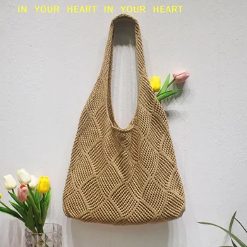【X】Vintage Hollow Knitted Bag Woven Bag Women's Bag Crochet Handbag Solid Color Hollow Top-handle Tote Bag Travel Shoulder Bag 1