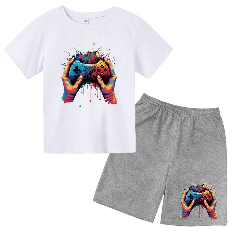 thumbnail image 1 of Conjunto de camiseta y pantalones cortos con estampado de máquina de juego de arte de grafiti para niños, moda de verano, informal, de manga corta, para niños y niñas, 1 of 5