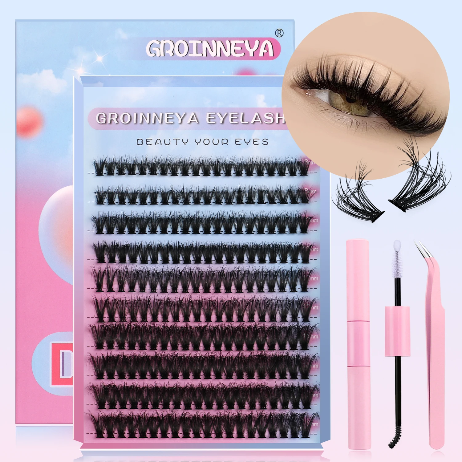 GROINNEYA Individual Eyelashes Extension Kit DIY Lashes Clusters Kit Full Set Lashes with Lash Bond and Seal Makeup lash extension kit eyelash set fake eyelashes