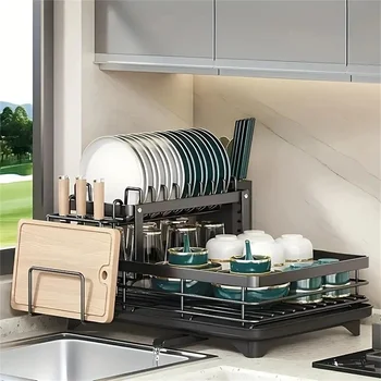 Feriales Abtropfgestell 2-stufig – Großer Abtropfständer aus Metall für die Küche mit Abtropfschale & Besteckhalter – Küchenorganizer Schwarz 2