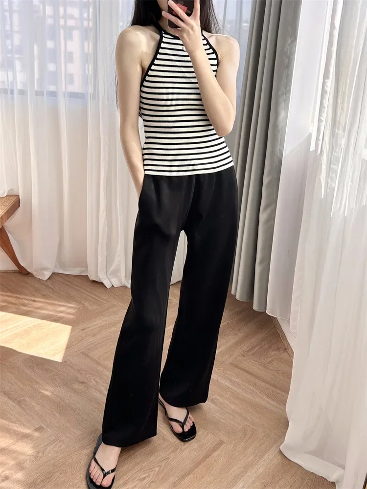 

Women Striped Camisole Metal Decoration O-Neck Sleeveless Simple Summer 2024 Knitted Sling Top