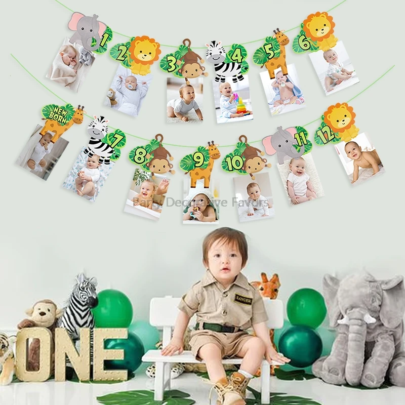 1st Birthday Photo Banner Baby Jungle Safari Birthday Party Lion Tiger Animal Bunting Paper Garland Flags Decoration Wild One
