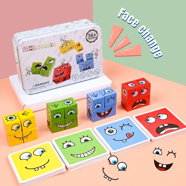 Cube Face Changing Building Blocks Cartoon Board Game Wooden Puzzle Montessori Anxiety Stress Relief Toys For Children Kids