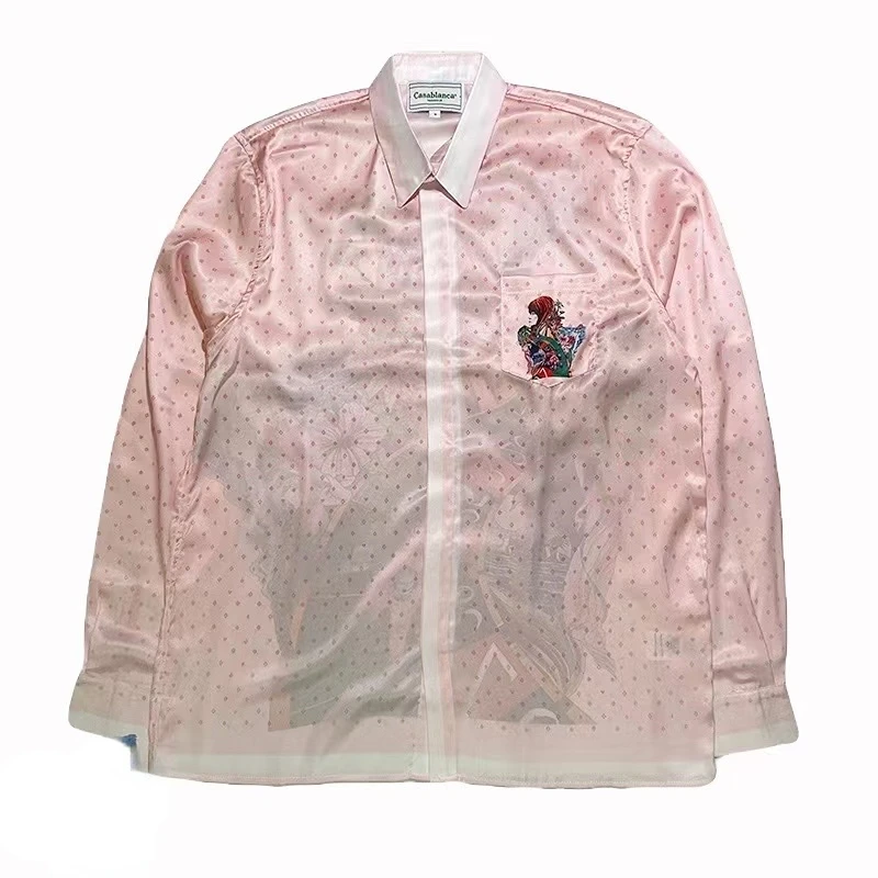 

High Quality Full Print Funny Design CASABLANCA Hawaii Racing Roulette Silk Long Sleeved Leisure Shirt