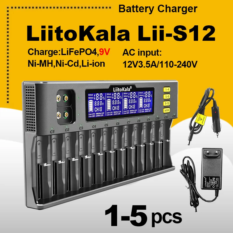 1-5PCS LiitoKala Lii-S12 12-Slot 18650 Battery charger For.2V 3.7V battery
