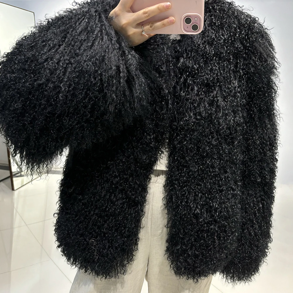 YOLOAgain Plus Size Dark Brown Mongolia Sheep Fur Jacket Women Real Fur Jacket Female Winter Warm Outerwear