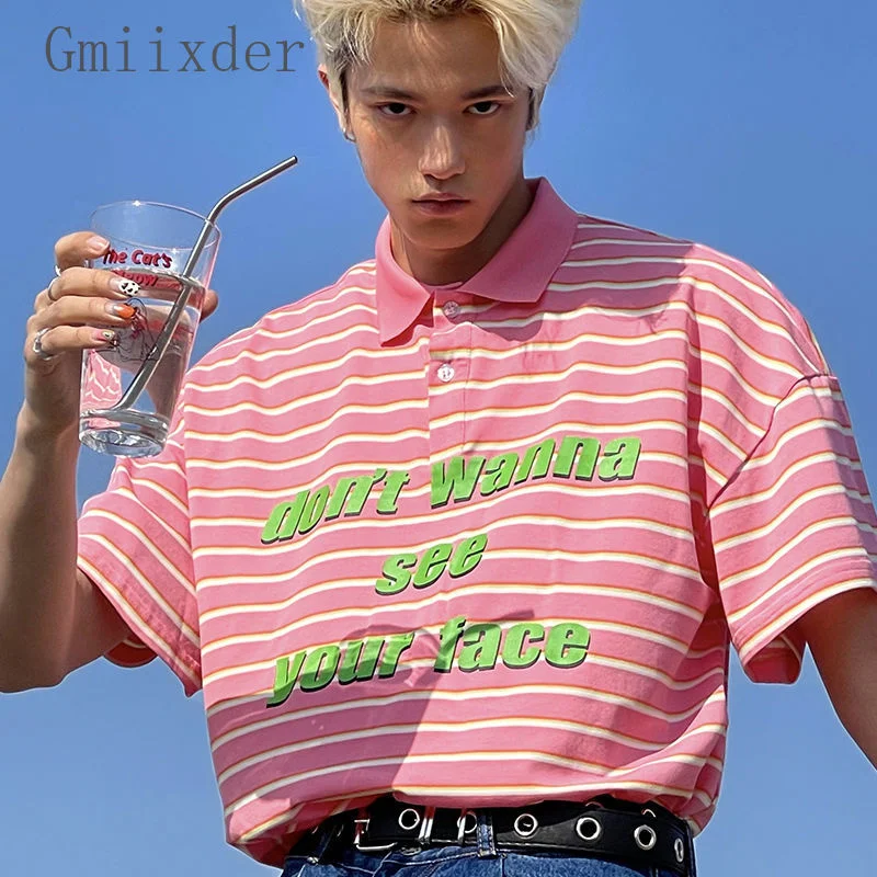 

American Retro Pink Tees California Street Vintage Stripe Lapel Shirt Men Women Summer Punk Vibe Romantic Short Sleeve T-shirt
