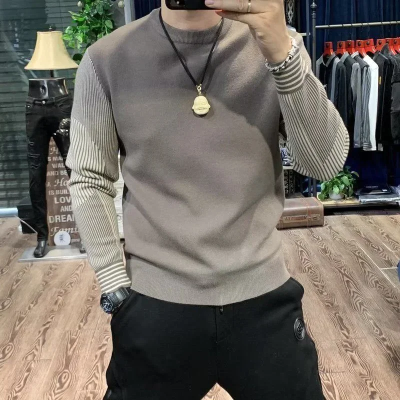 Spring Autumn Fashion Korean Striped Patchwork Sweater Man Long Sleeve Knitted Business Casual Knitwear Male Pullover Chic Tops