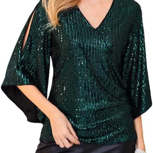 

Sequin Three Quarter sleeves Tops for Women Short Sleeve Sparkly Dressy Tops Ruched Wrap Blouse Party Club Shirt